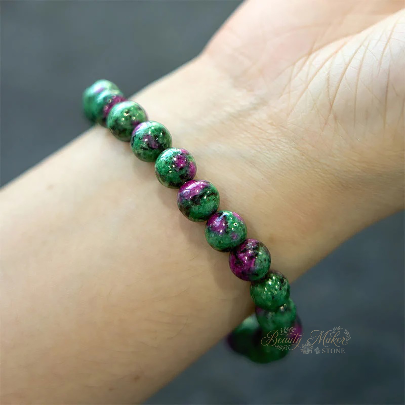 Natural Ruby Zoisite Bracelet 8mm Round Bead Anyolite Gemstone Women Gift 7 inch