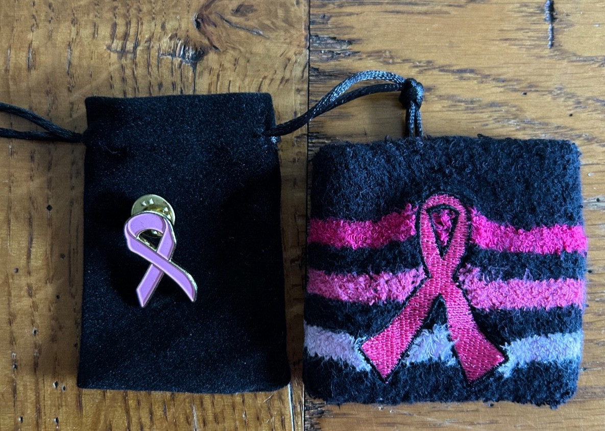Breast Cancer Pink Ribbon Wrist Sweat Band & Lapel Pin