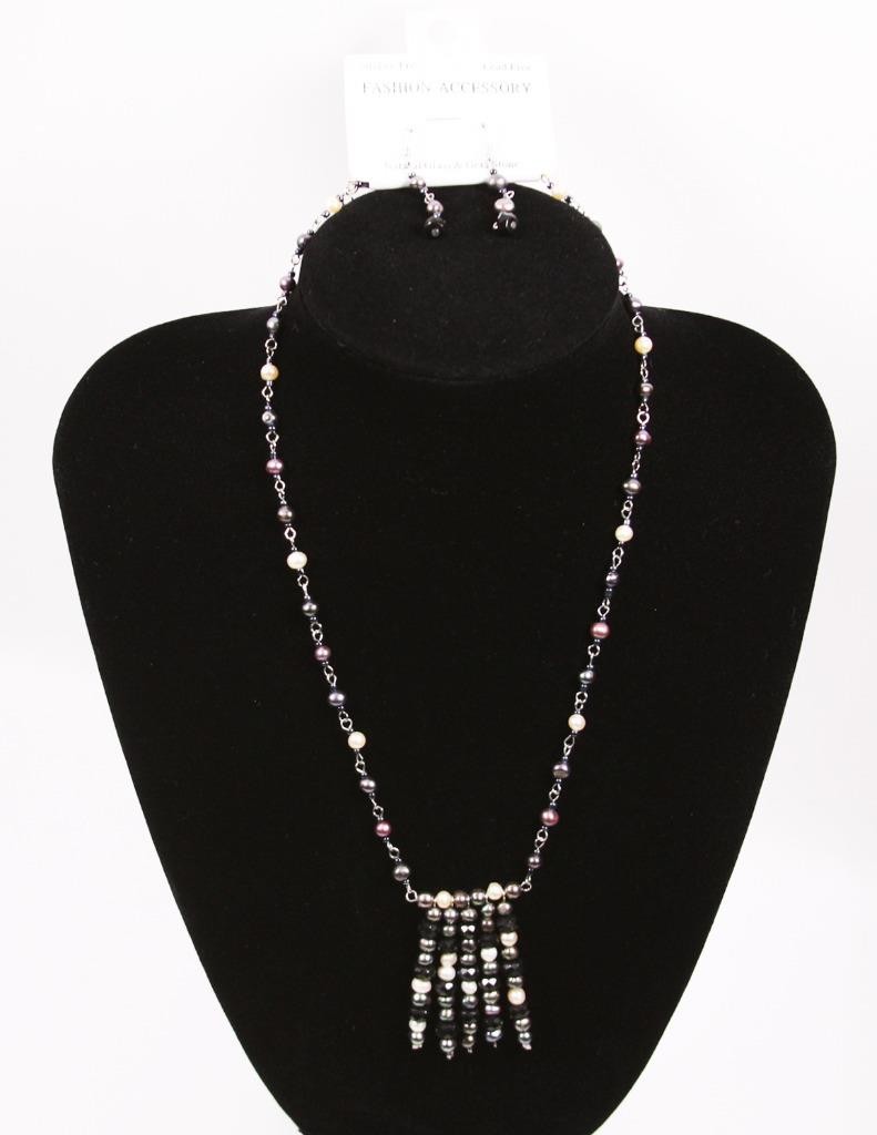 Black White & Gray Beads Necklace & Earring Set Fashion Costume Jewelry jxyt New