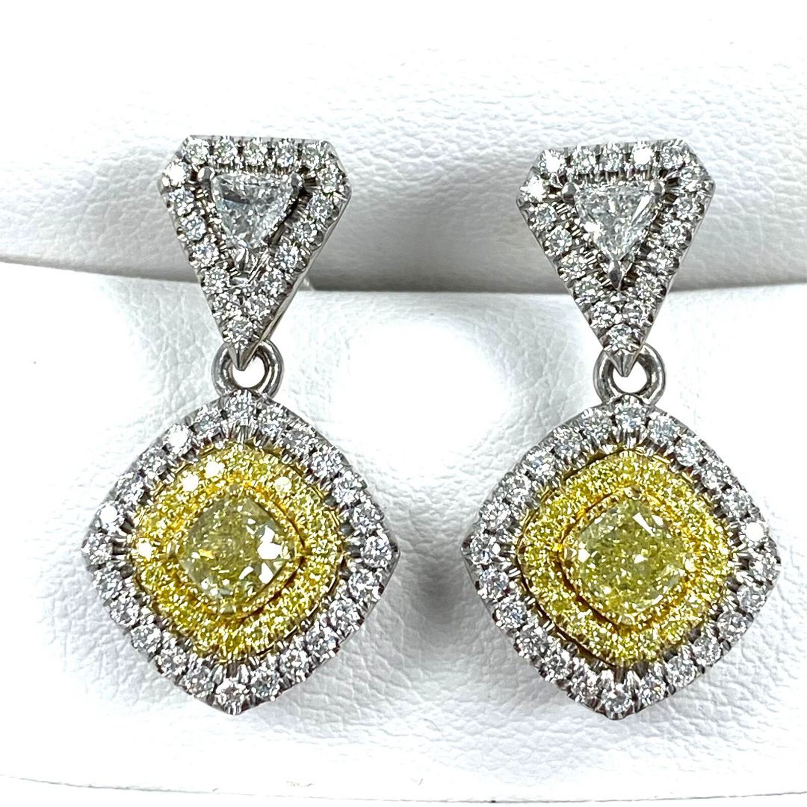Drop Dangle Earrings 1.62 TCW Cushion Trillion Yellow Diamond 14k White Gold