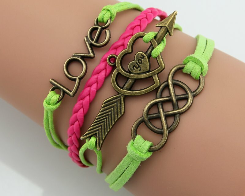 Fashion Love Infinity Wish Double hearts Charms Leather Friendship Bracelet