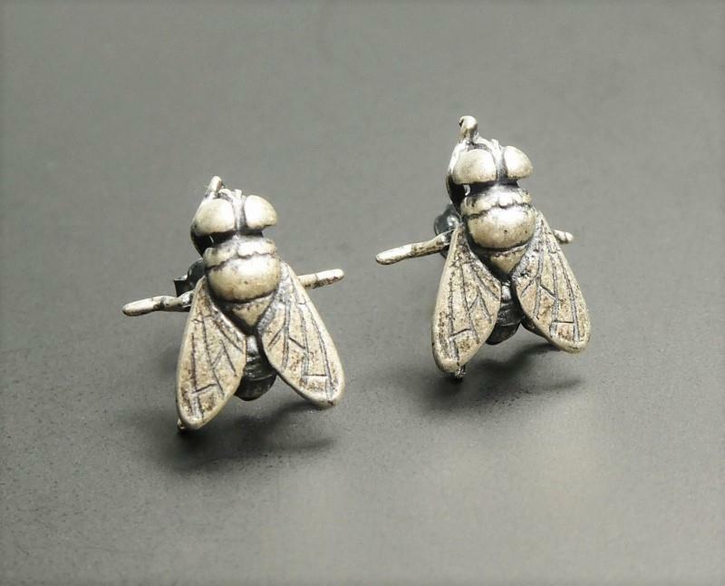 Handmade Sterling Silver Small Fly Insect Stud Post Earrings Unique Great Detail