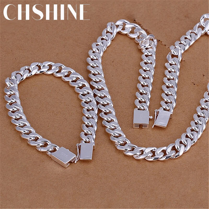 925 sterling Silver Bracelets necklace Jewelry set 10MM Square Chain 20-24 inch