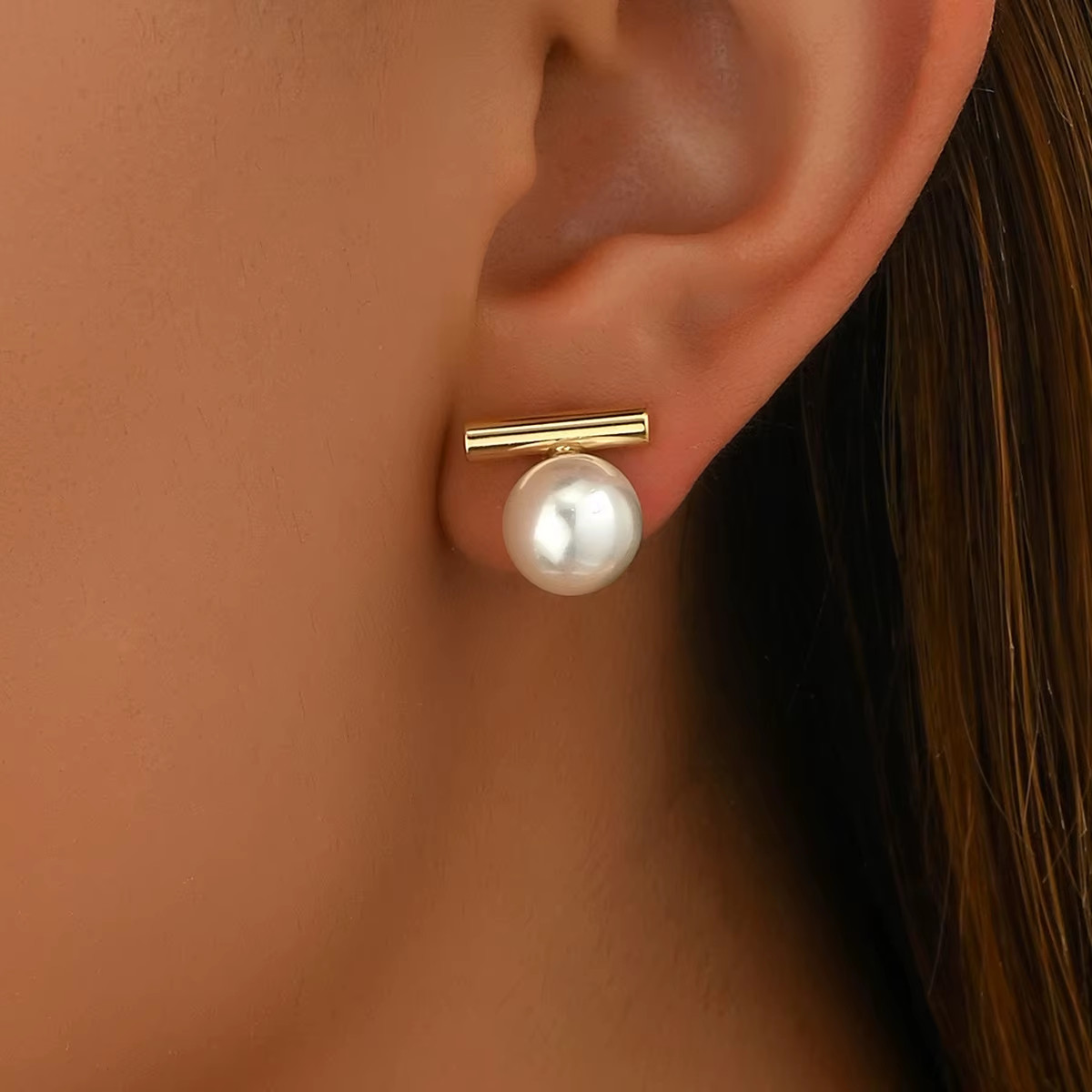 Simple Imitation Pearl Stud Earrings Gold Color Alloy Acrylic Beads Earring for