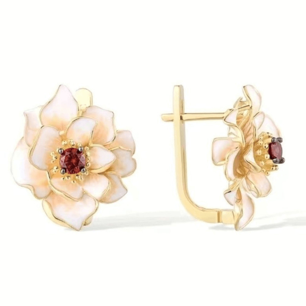 Gold Vintage-Inspired Enamel Floral Leverback Earrings W/Amber Stone