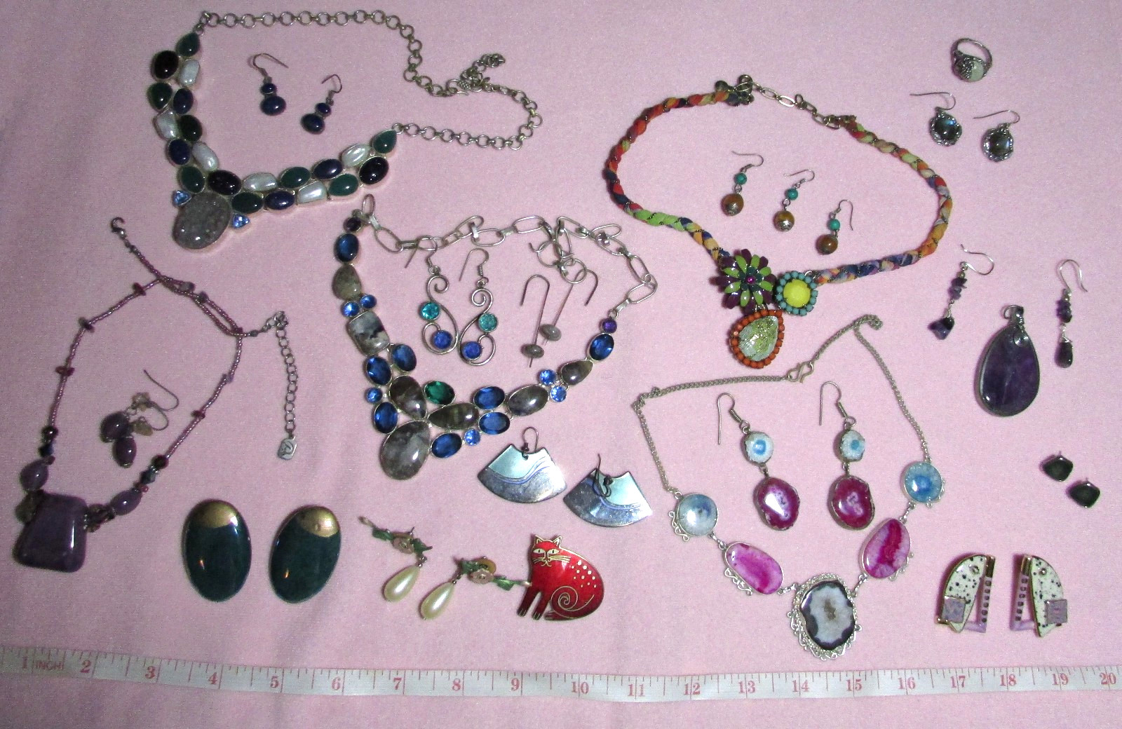 BOHO FUNKY MIXED MATERIALS JEWELRY — ONE BOHM NECKLACE & THREE EARRINGS ONLY