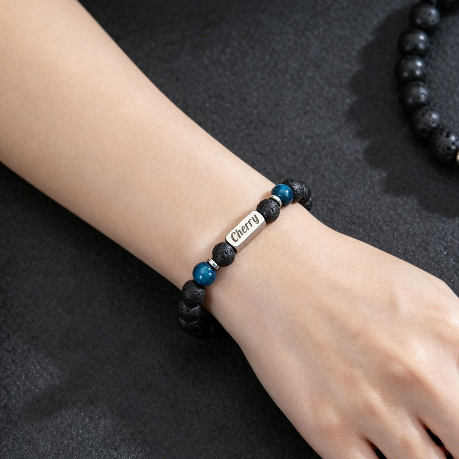 Custom Engraved Lava Stone Bracelet, Adjustable Gemstone Personalized Jewelry