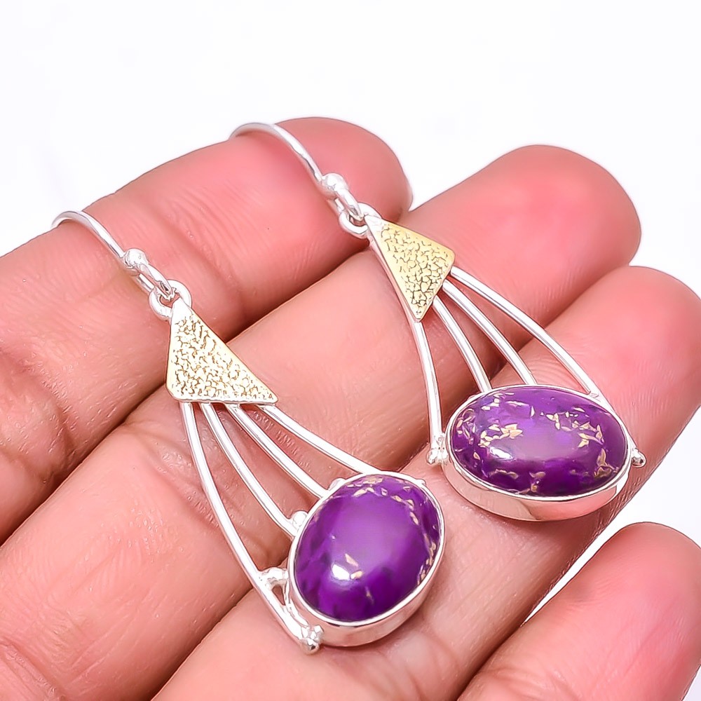 Copper Purple Turquoise 925 Sterling Silver Two Tone Earring 1.95″ E_9466_260_25