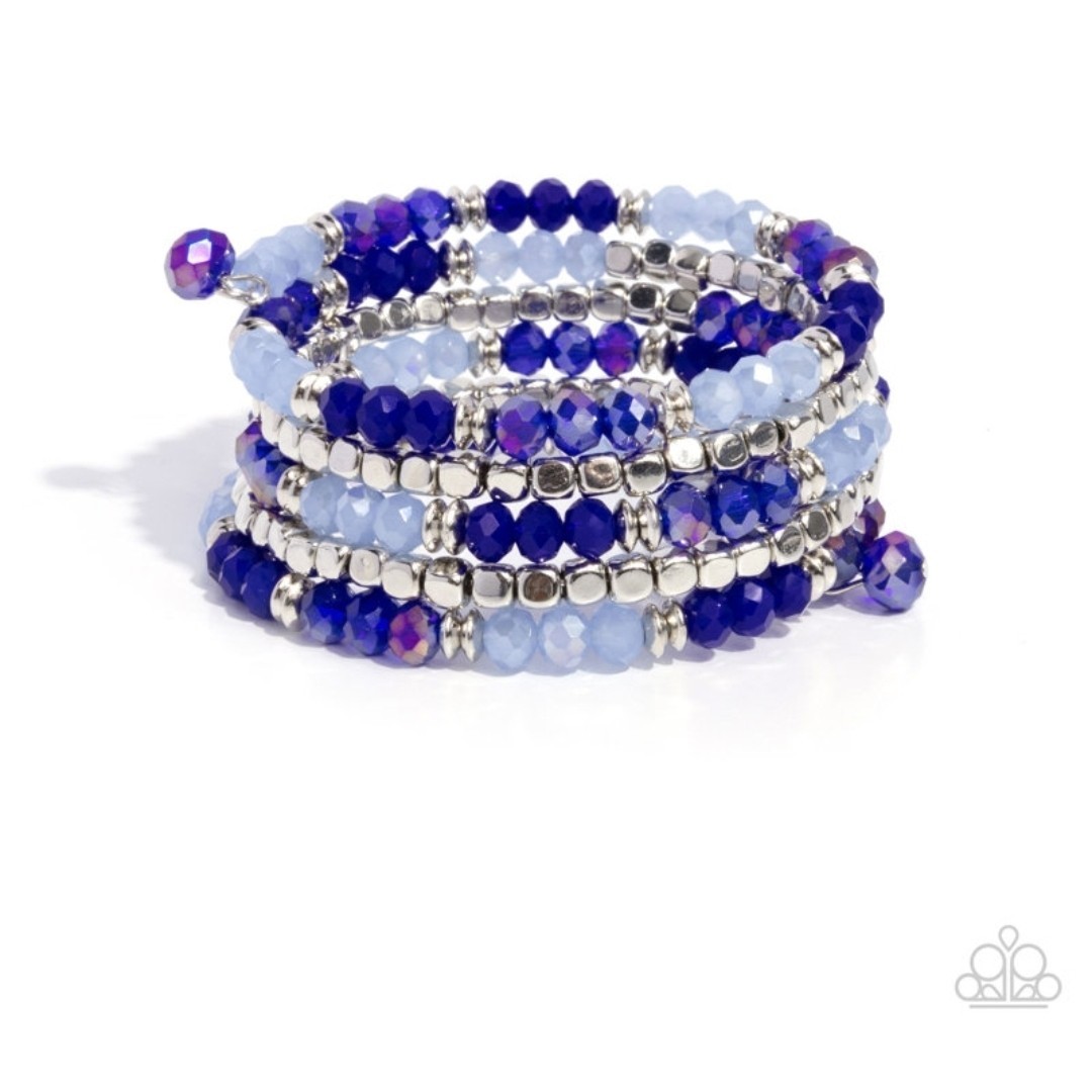 Paparazzi Memorable Masterpiece Blue Shades Silver faceted Beads Coil Bracelet