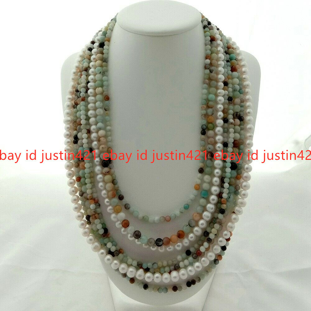8 Rows 4mm 6mm Multicolor Amazonite 7-8mm White Pearl Necklace 19-23”