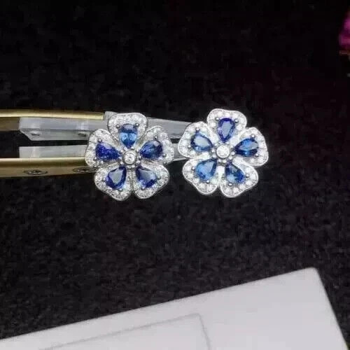 3 Ct Pear Cut Simulated Blue Sapphire Flower Stud Earring 14k White Gold Plated