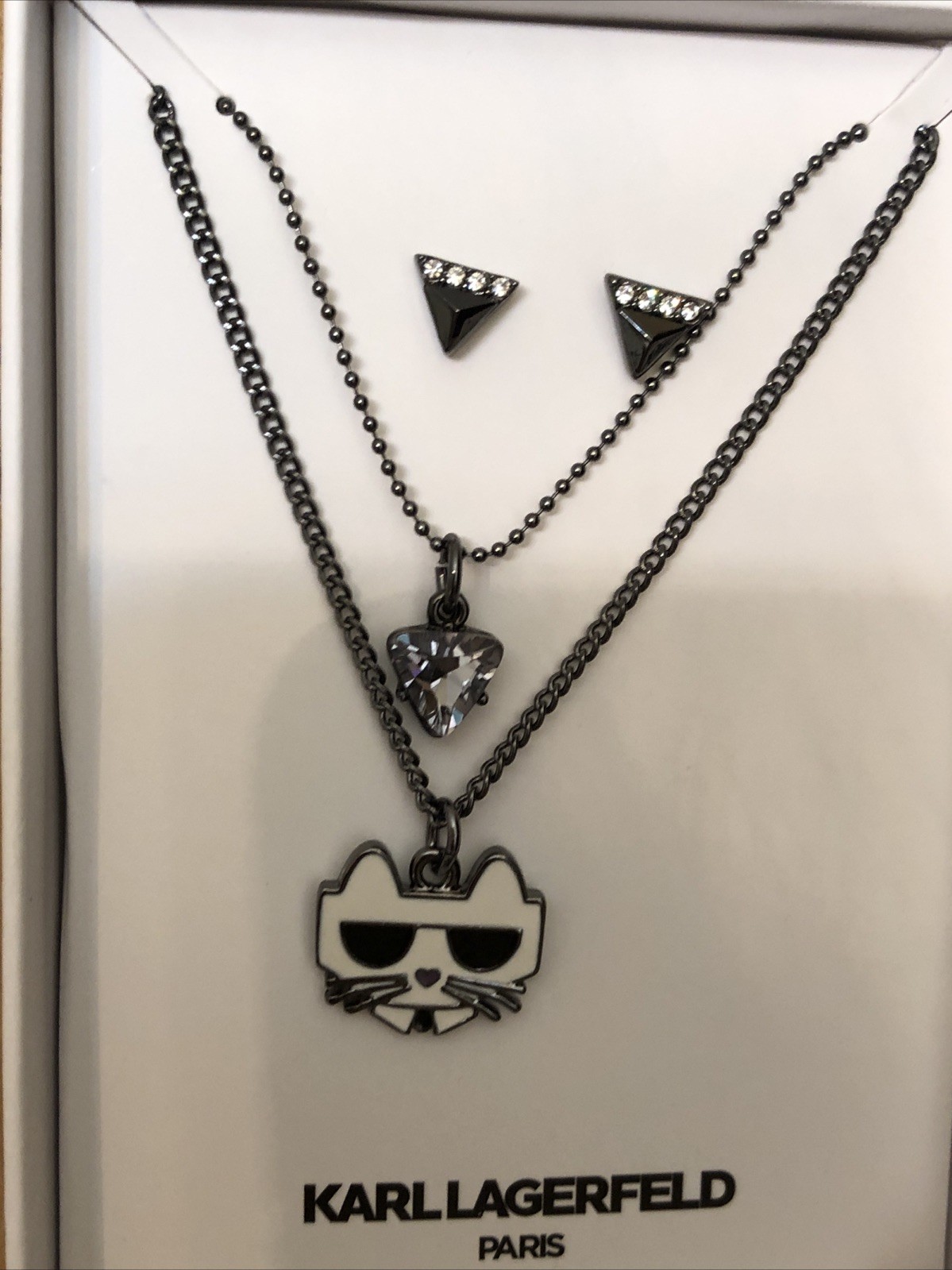 Karl Lagerfeld Paris Choupette Layered Pendant Necklace & Stud Earring Set NIB