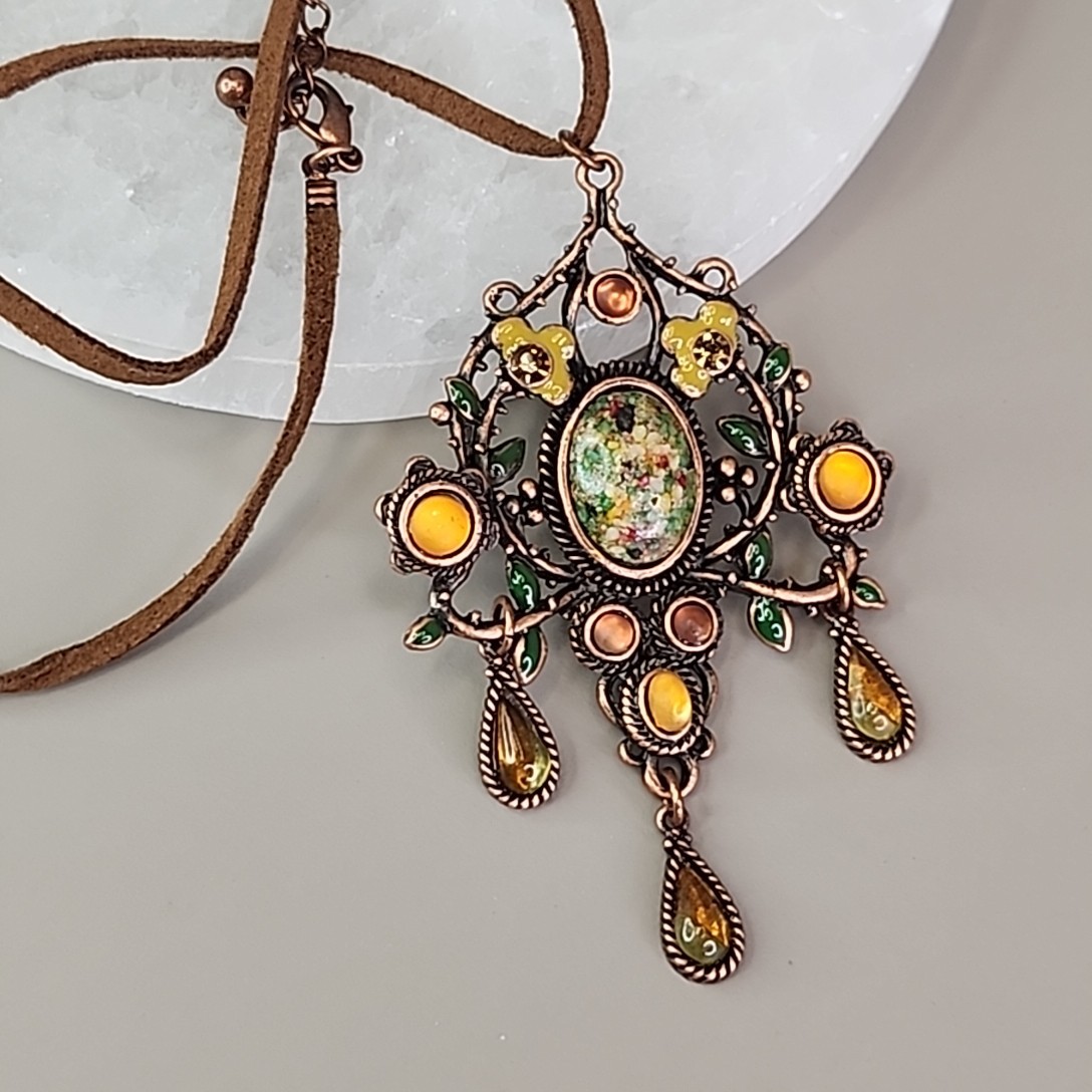 Art Nouveau Revival Pendant Necklace Speckled Oval Brown Suede Cord 20″