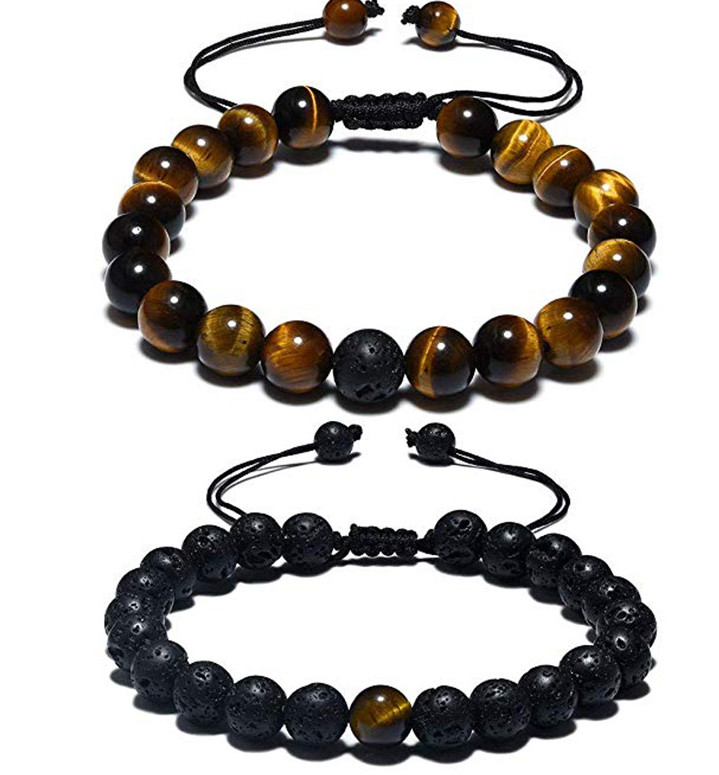 2Pcs Natural Tiger Eye Lava Stone Bracelets 8mm Adjustable Healing Energy Men