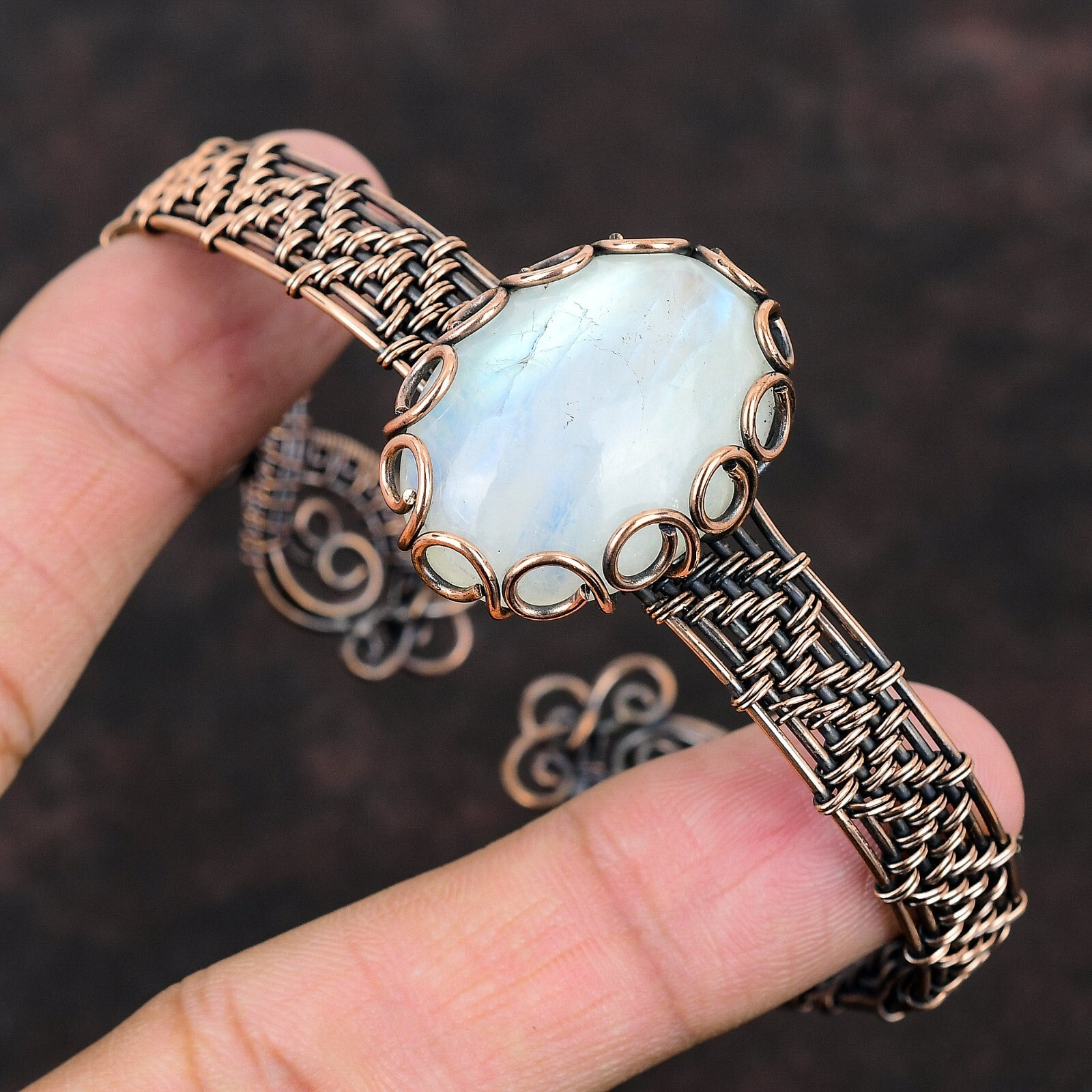 Rainbow Moonstone Wire Wrapped Adjustable Bangle Handcrafted Copper Gift