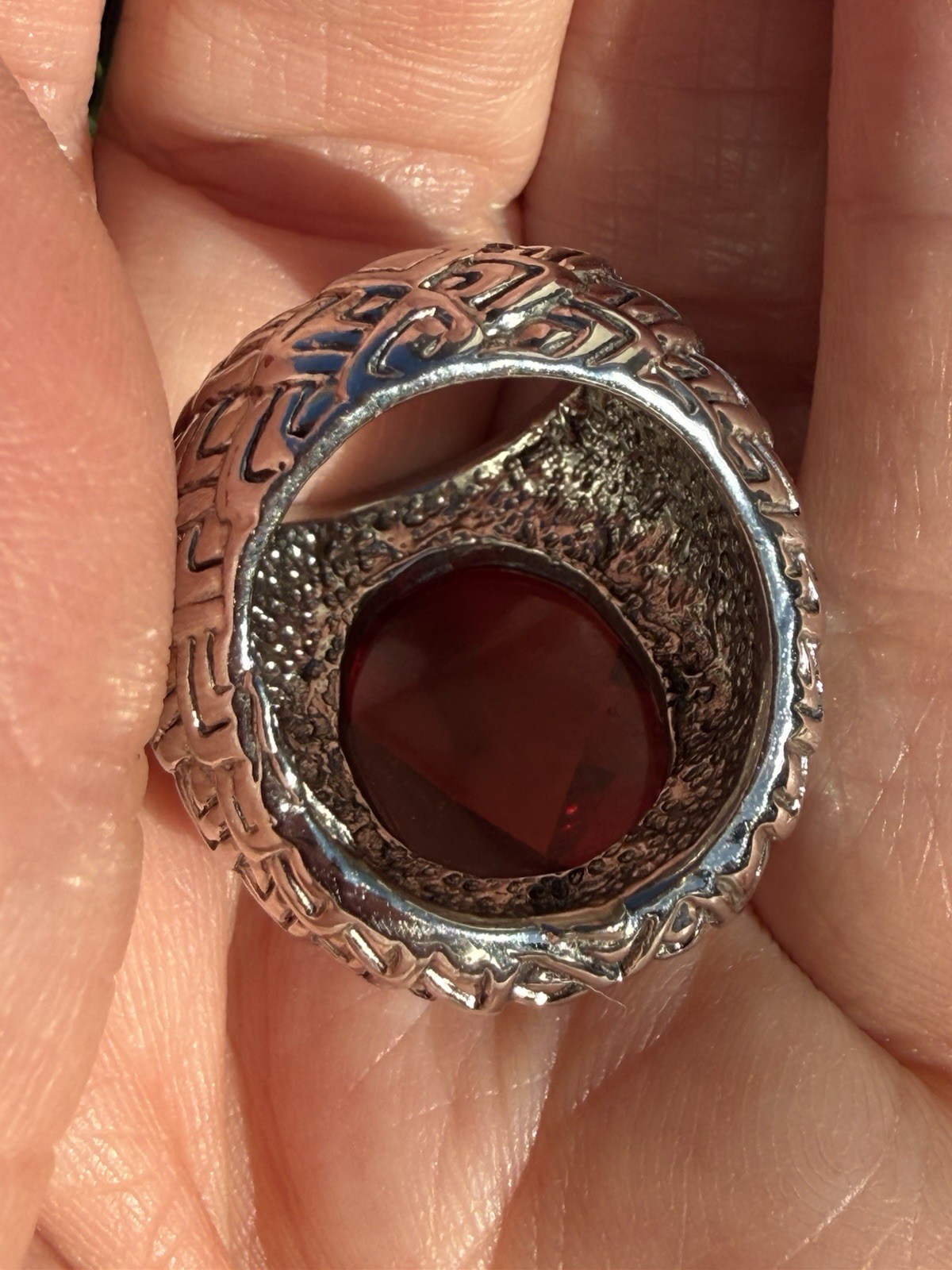 Silver Plated Textured Huge Statement Light Burgundy Faceted Glass Ring Sz7