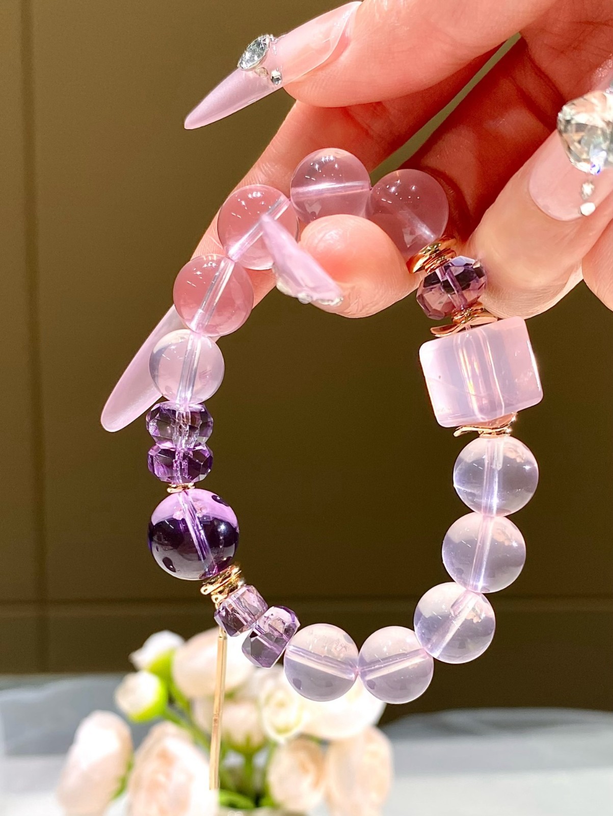 Natural Pink Crystal Amethyst Beaded Stretch Bracelet Gift Box