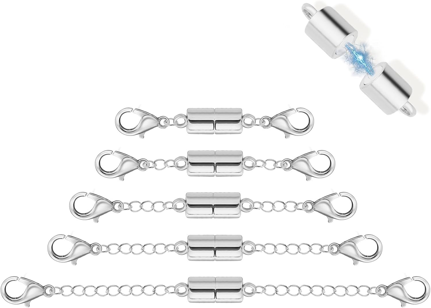 5Pcs Silver Magnetic Necklace Extender, Magnetic Necklace Clasps and Closures wi