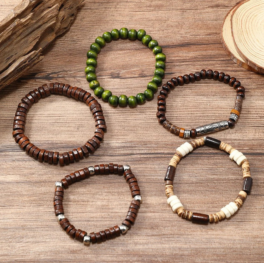 1Set Men’s Retro Multi-Layer Wooden Bead Bracelet Set with Coconut Shell – NEW