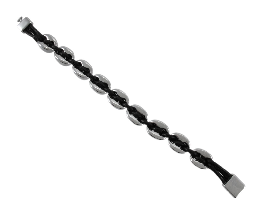 Zeckos Black Leather And Chrome Marine Link Bracelet 7 Inch