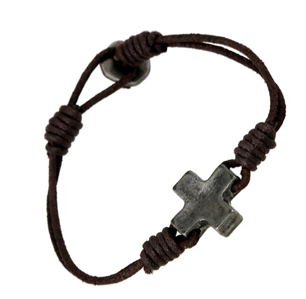 Silver Plated Alloy Brown Leather Cross Bracelet 8.7 inch (22 cm)