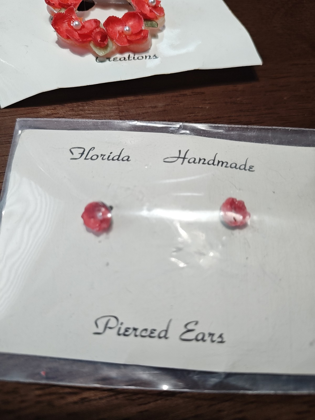 Red Flower, Pearl, Shell Earrings & Brooch, Bridal Party, Beachy Cute!