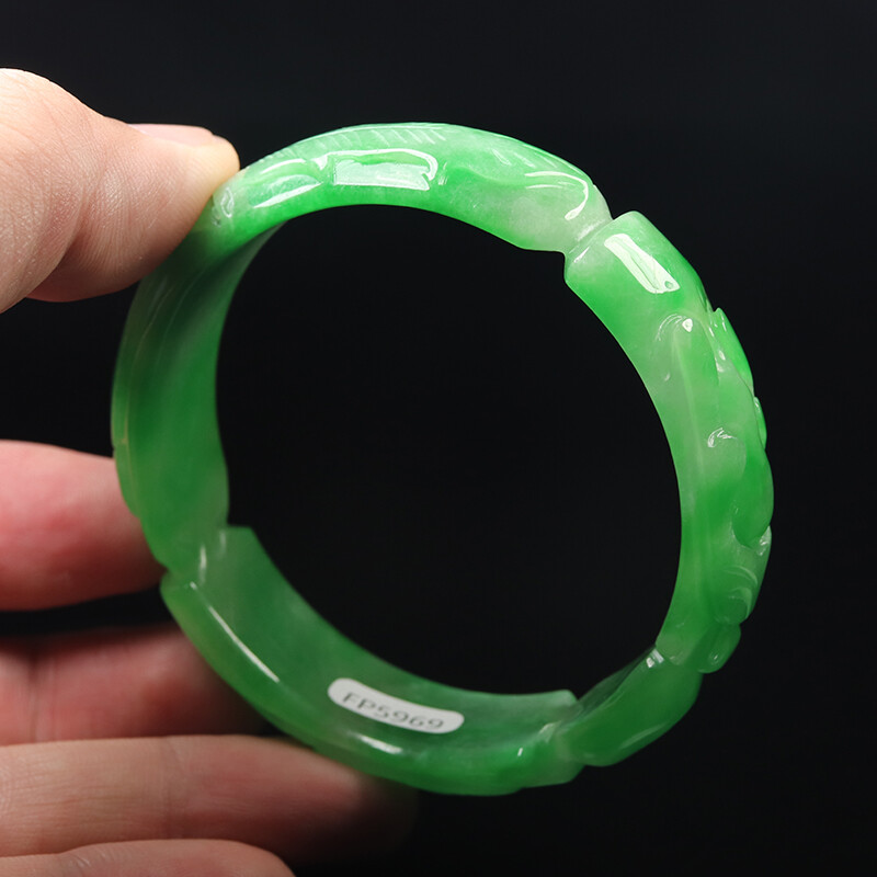 59mm Emerald Green Jadeite Jade Bangle Bracelet Hand-carved Dragon Phoenix 11991