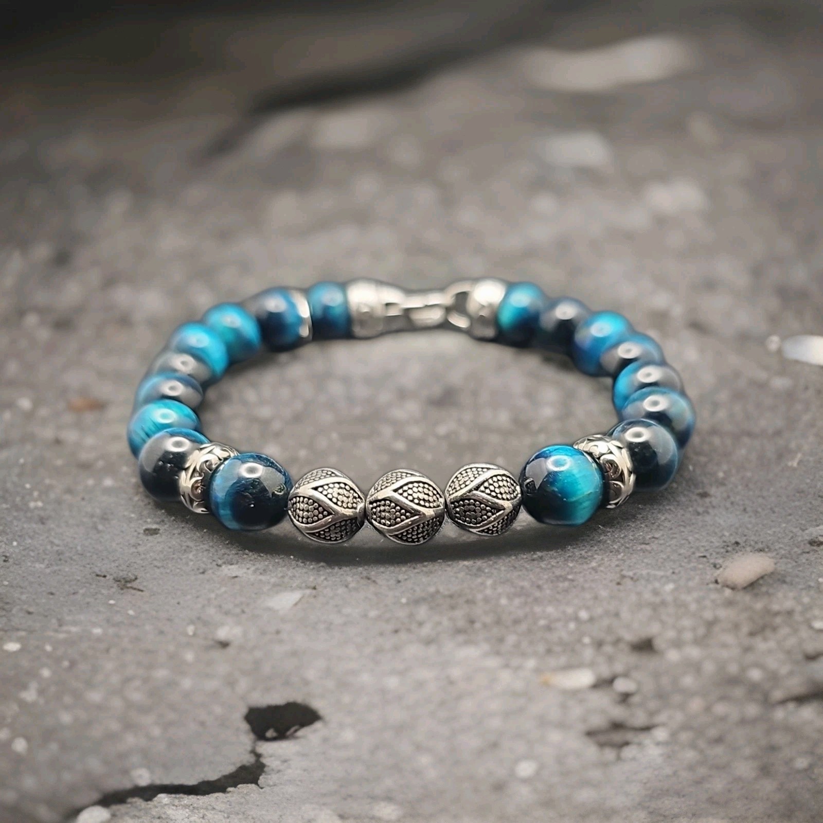 10mm Hand Made Deep Blue Tigers Eye Beaded Bracelet with Stainless Steel Clasp