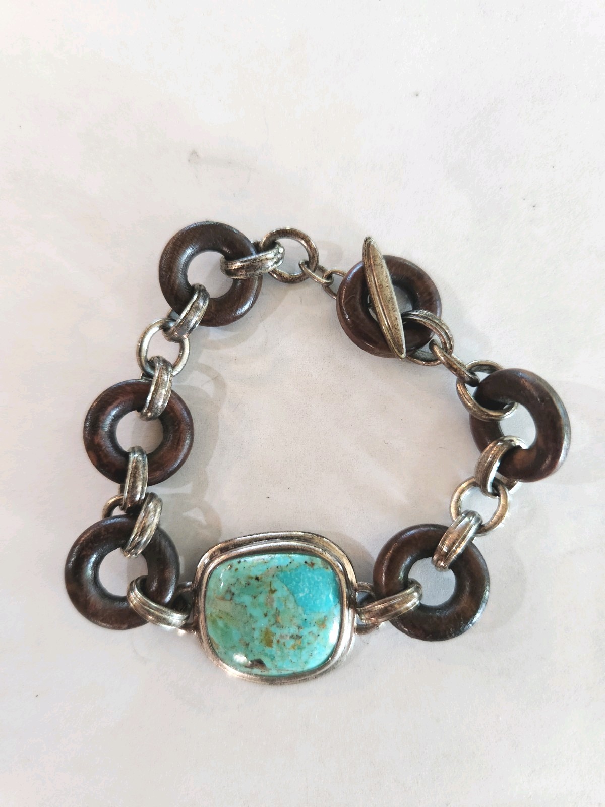 Barse Sterling Silver Turquoise And Wood Toggle Bracelet 925 Artisan Boho Gem
