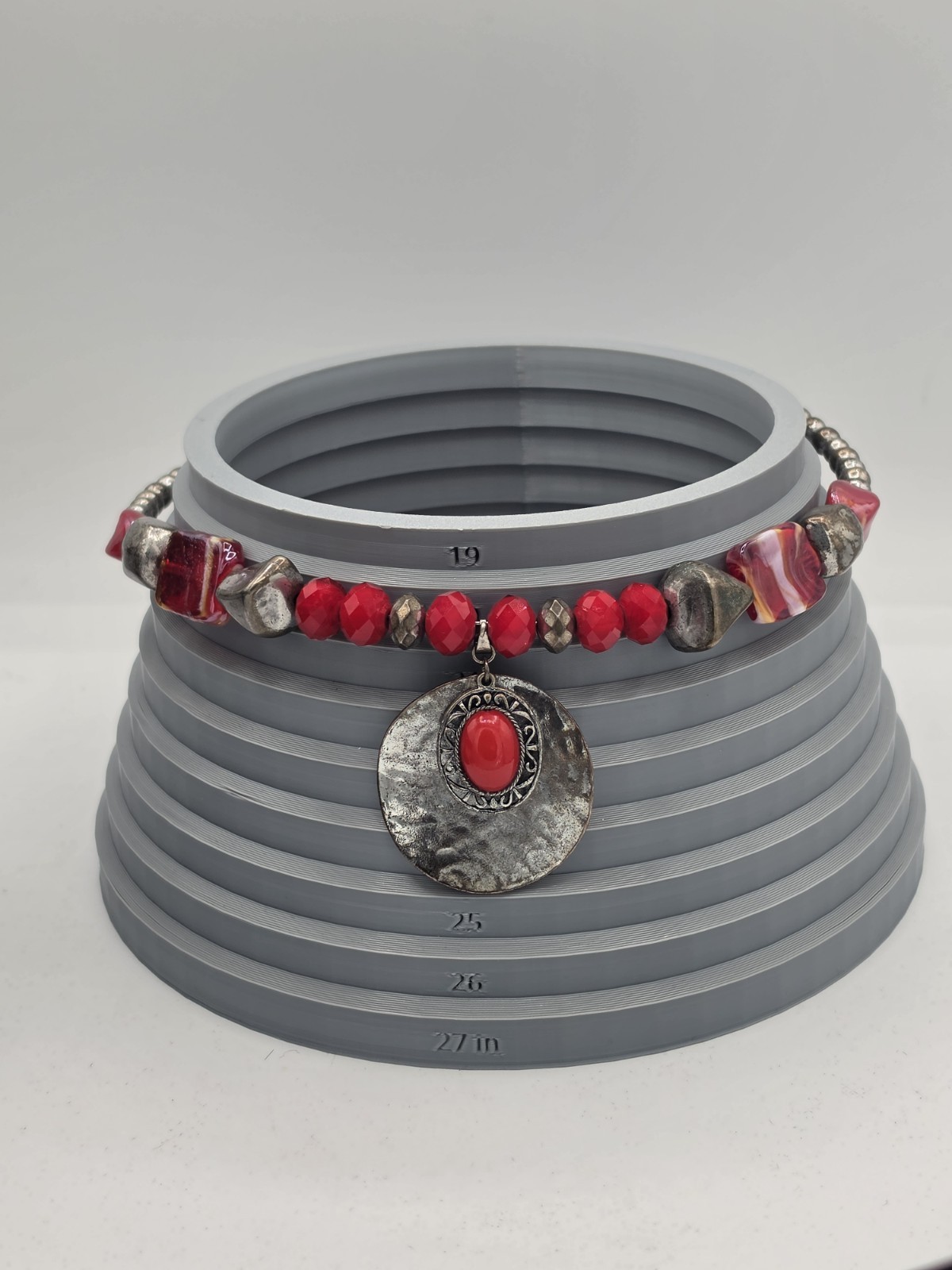 Boho Red Maroon Pendant Necklace Silver Tone Ethnic Statement 18”+Ext