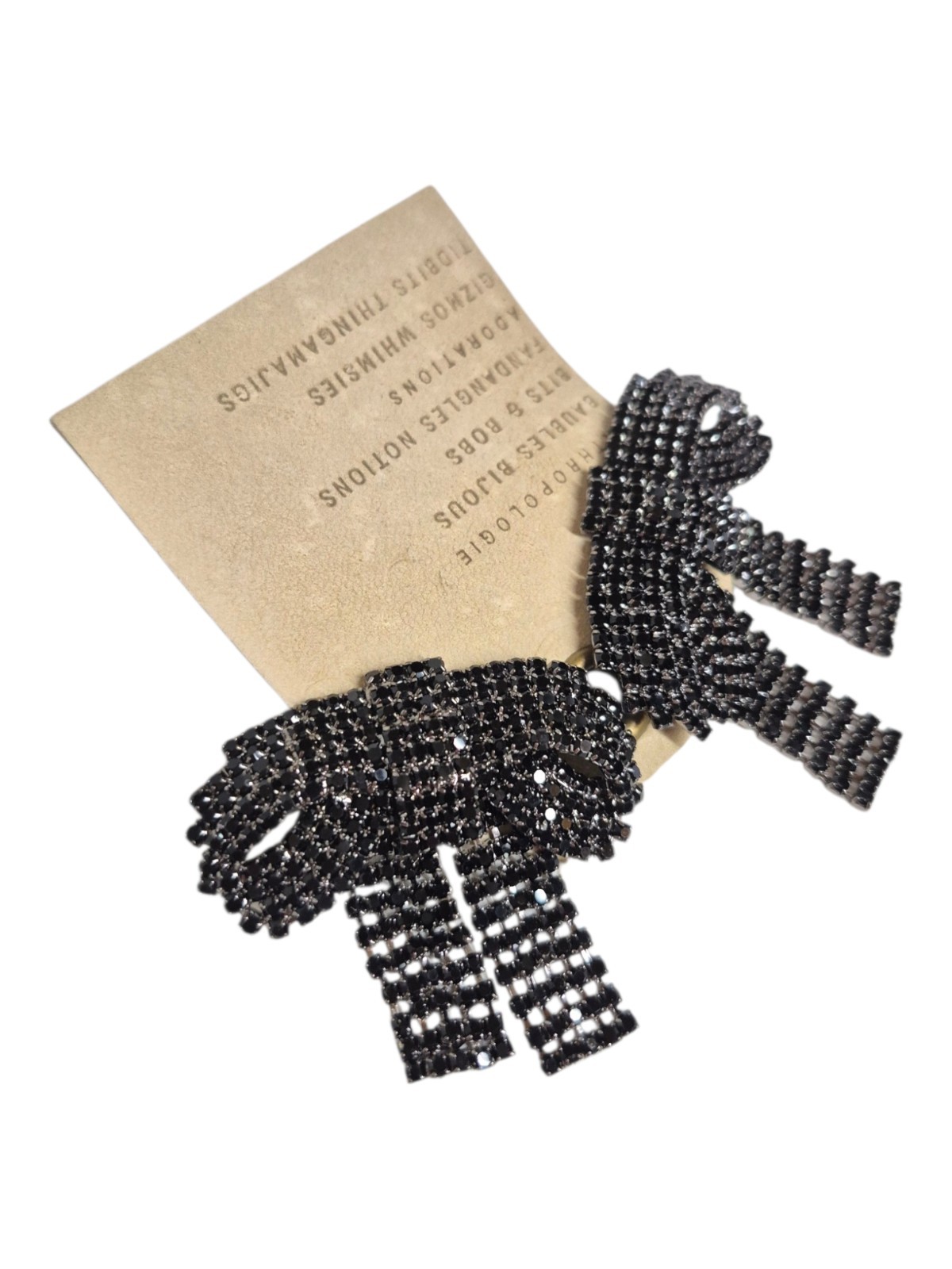 Anthropologie Crystal Bow Dangle Earrings Black Multi Gunmetal Plated Brass New
