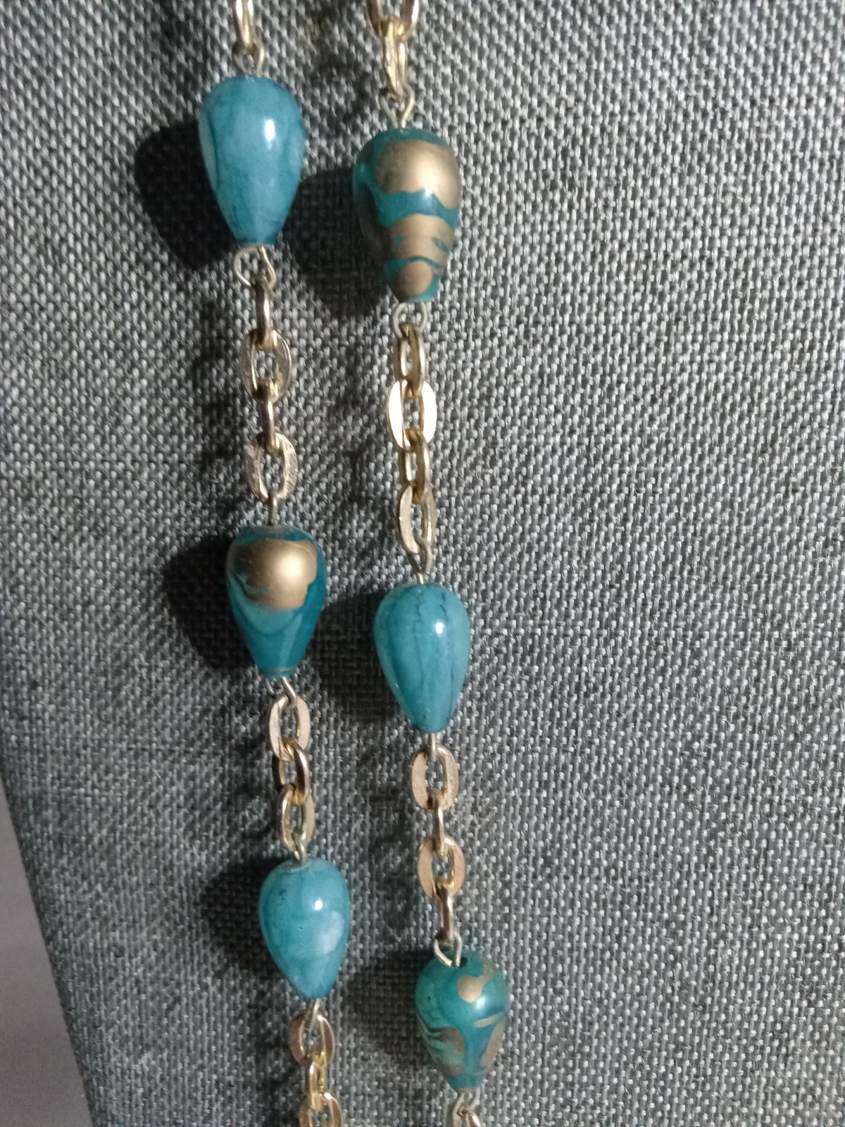 Vintage Double Strand Necklace Womens Turquoise & Gold Swirled 23″ In Length
