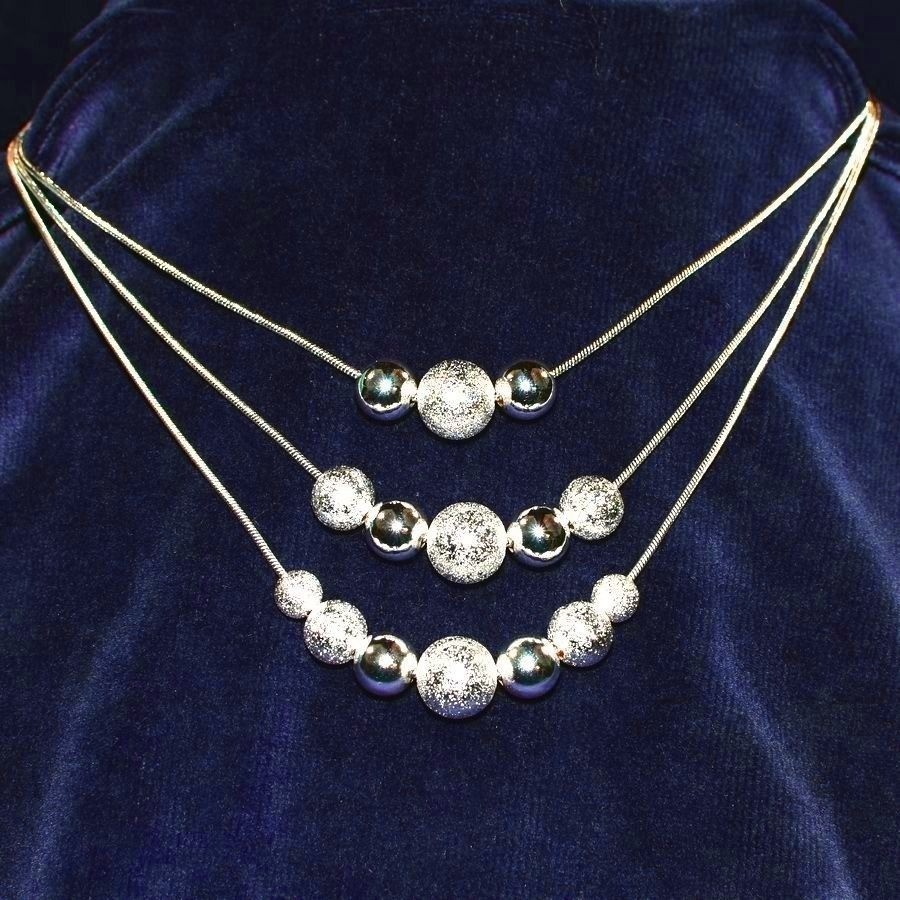 Giavanna Strands 3-Layer Shimmery Sterling Silver Bead Jewelry Necklace Gift Box