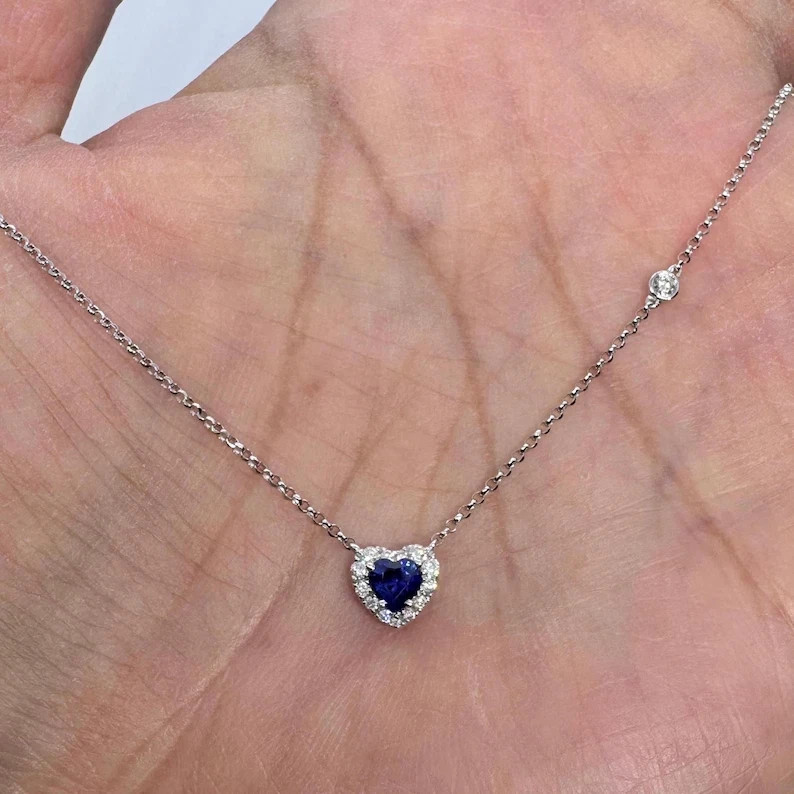 1.00Ct Heart Cut Simulated Blue Sapphire Halo Pendant 14K White Gold Plated