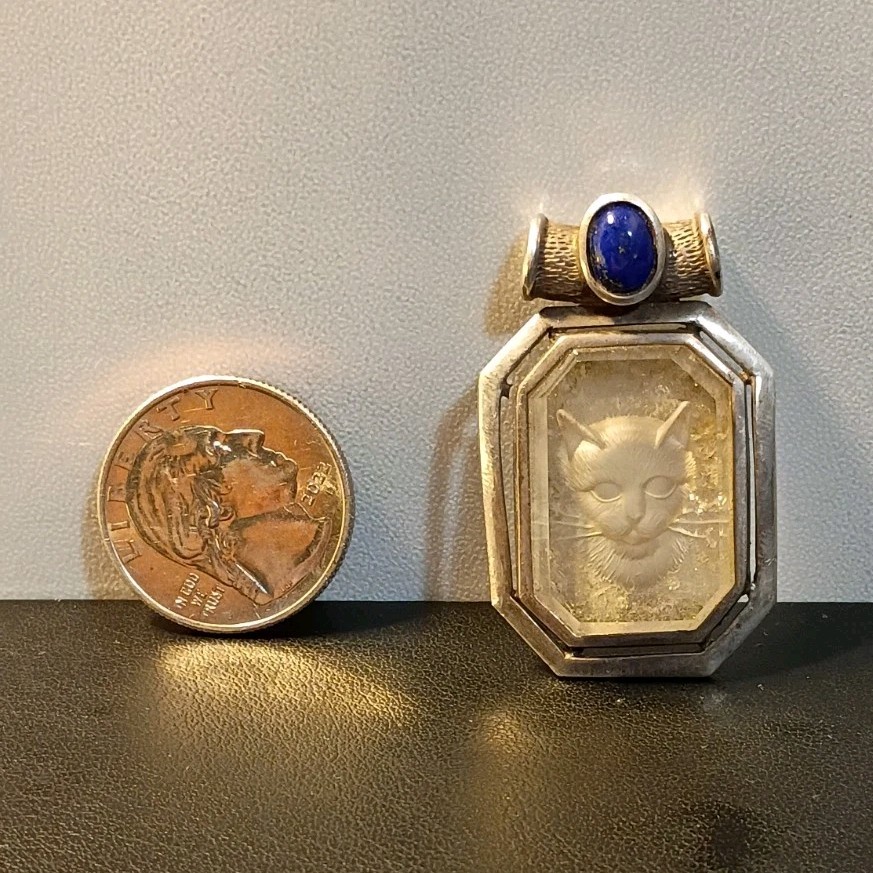 Silver Cat Intaglio Charm Pendant, Oval Blue Lapis & Crystal Accent Signed