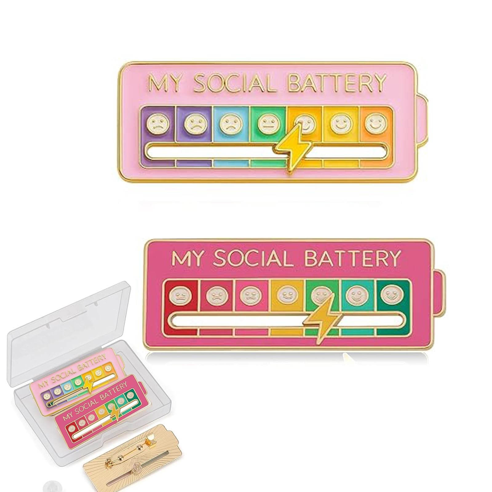 2Pcs Social Battery Slider Pin,Funny Interactive Brooch Enamel Pins for 7 Day…