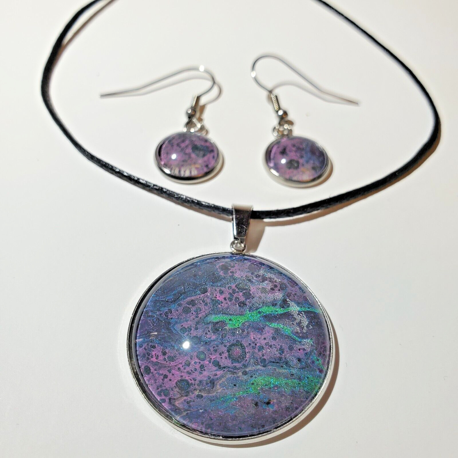 Necklace and Earrings Set, Acrylic Paint Pour Painting Jewelry, A8