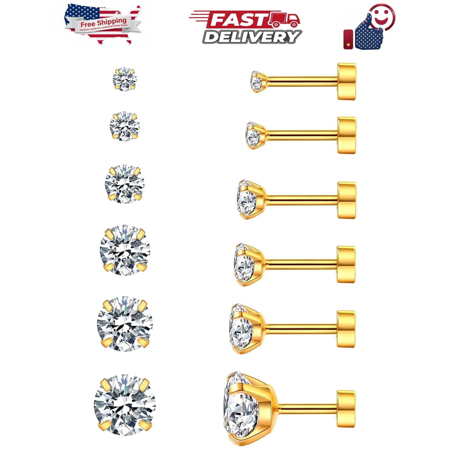 6 Pairs Hypoallergenic Cubic Zirconia Earrings Surgical Steel Flat Back Studs…