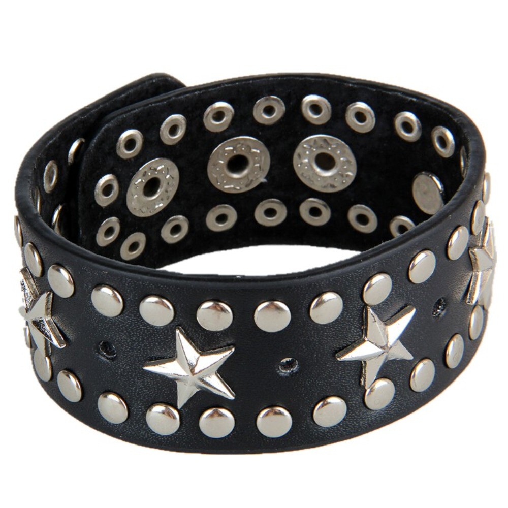 Gothic Punk Rock Wide Alloy Star Studded Bracelet Leather Bangle Cuff Adjustable