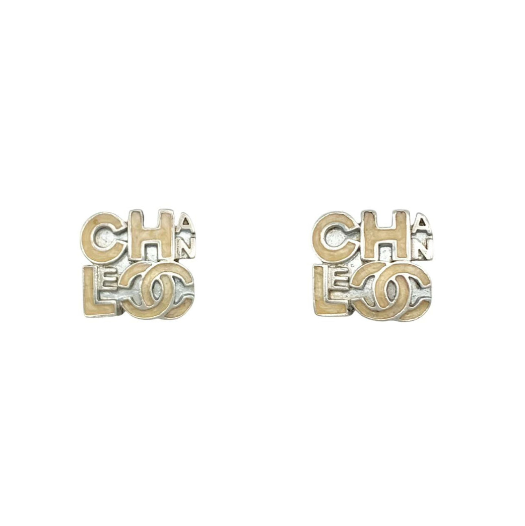 CHANEL CC Logos Square Clip-On Earrings Silver Tone 00T Auth #1796