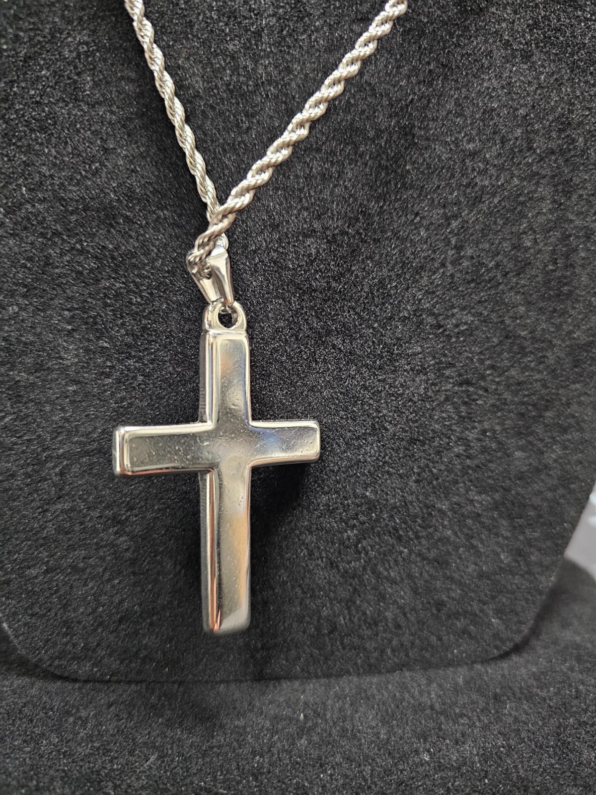 Silver Tone Religious Cross Pendant Necklace Rope Chain Pavé Clear Crystals