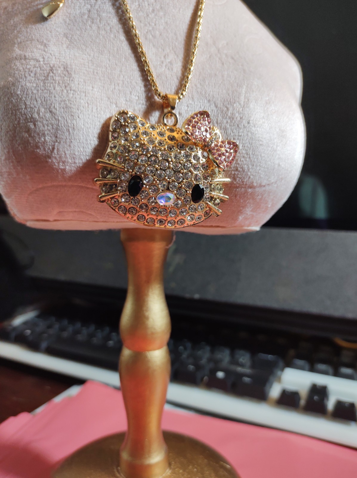 Betsey Johnson Pink Bow Hello Kitty Face Necklace