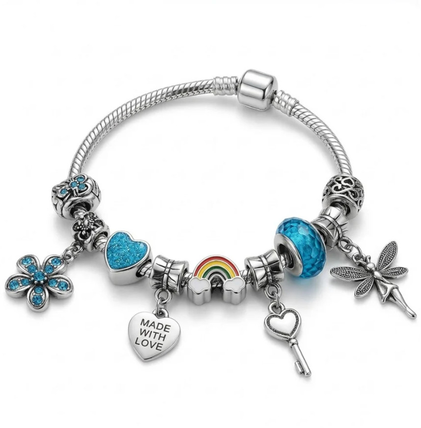 Blue Heart Fairy Charm Bracelet Silver Rainbow Rhinestone Jewelry