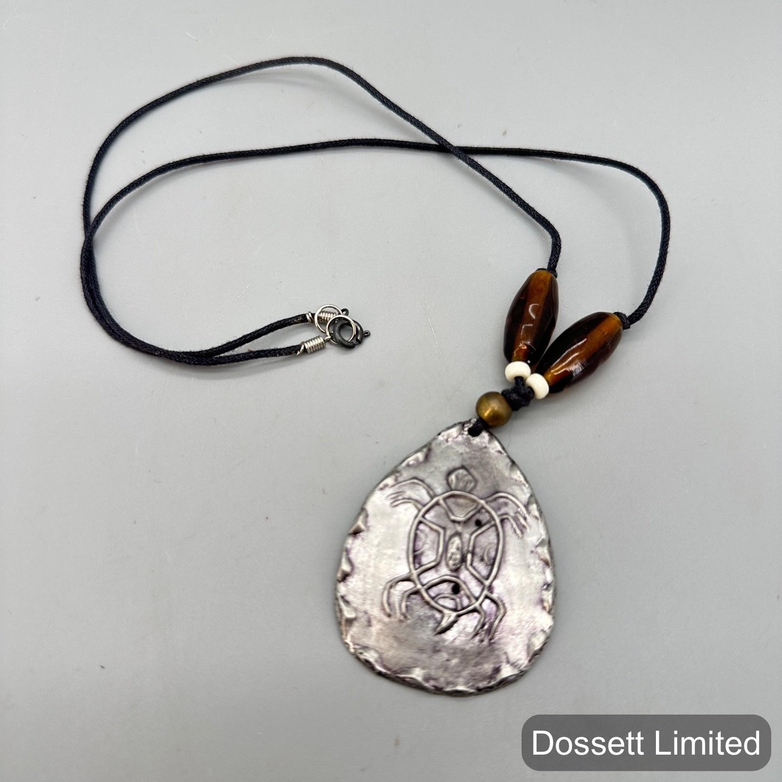 Sea Turtle Pendant Necklace Black Cord Beaded Silver Tone Teardrop Beach Jewelry