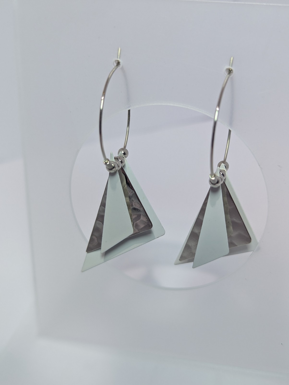 Geometric Silver Hoop Earrings with Triangular Pendants. Retro. Art Deco