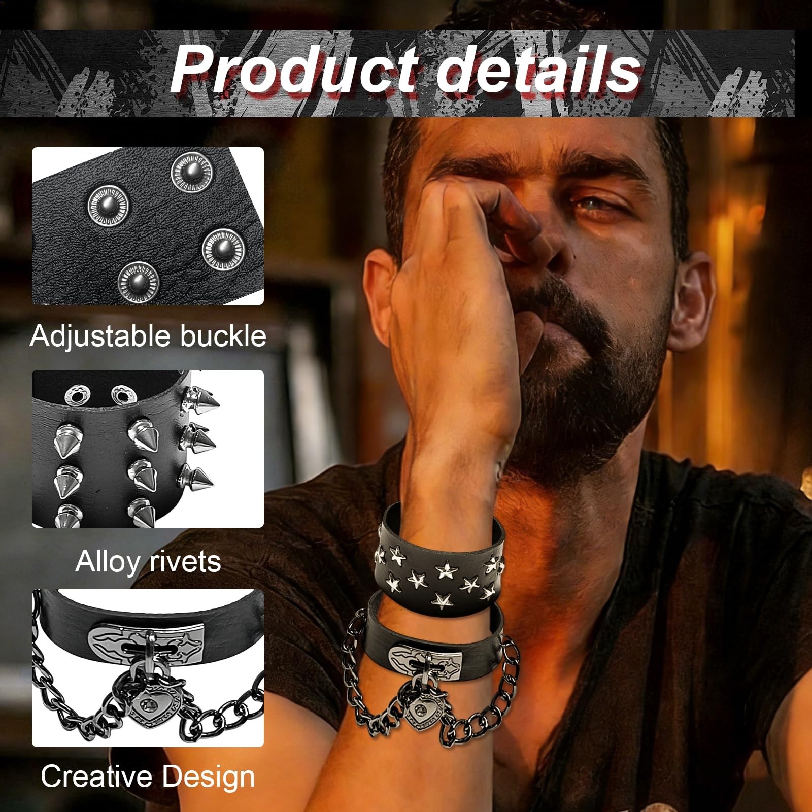 Spiked Leather Bracelet, Emo Punk Wristband, 80s Goth Accessories for Rockers