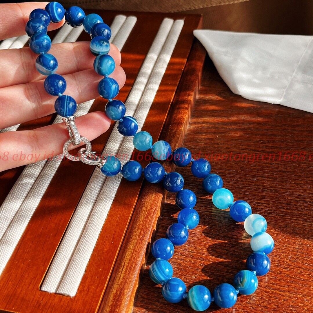 Natural Jewelry 10mm Blue Striped Agate Round Gemstone Beads Necklace 16-48” AA
