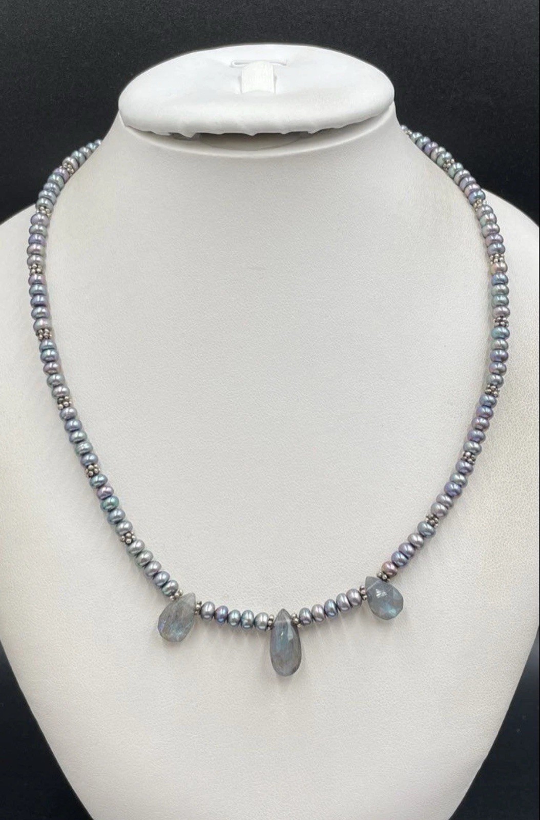925 Sterling Silver Grey Pearl Labradorite Teardrop Necklace 17.25″ 17g Tested