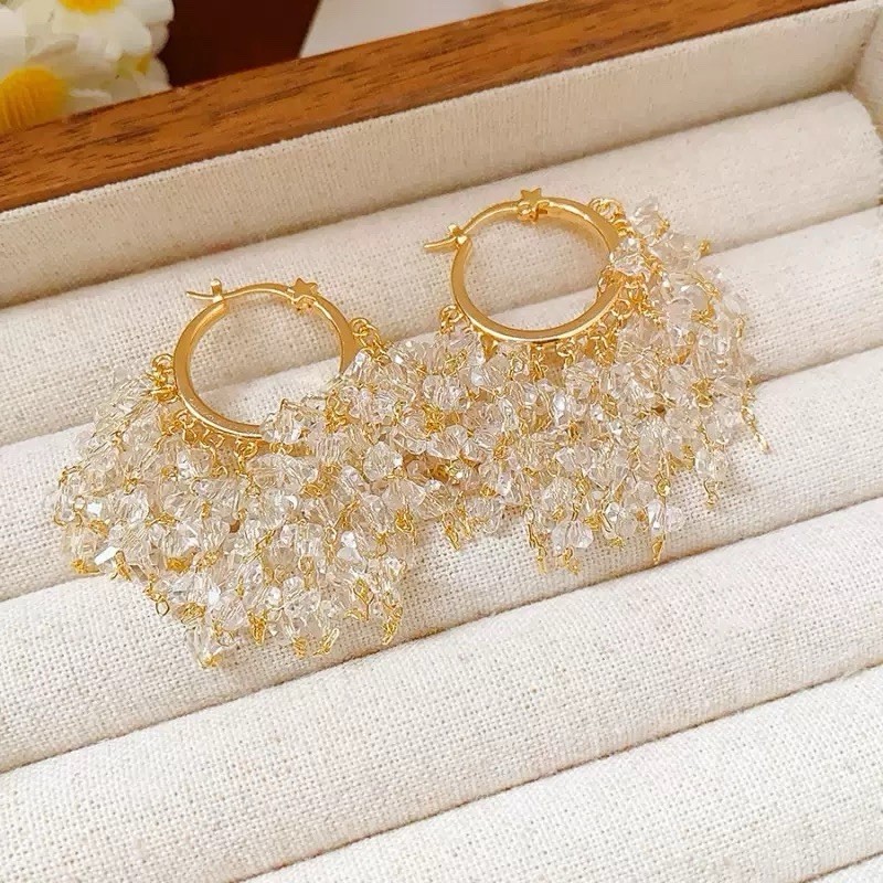Yellow Gold Plated Hoop Dangle Earrings Clear Round Crystal Fringe Latch Back