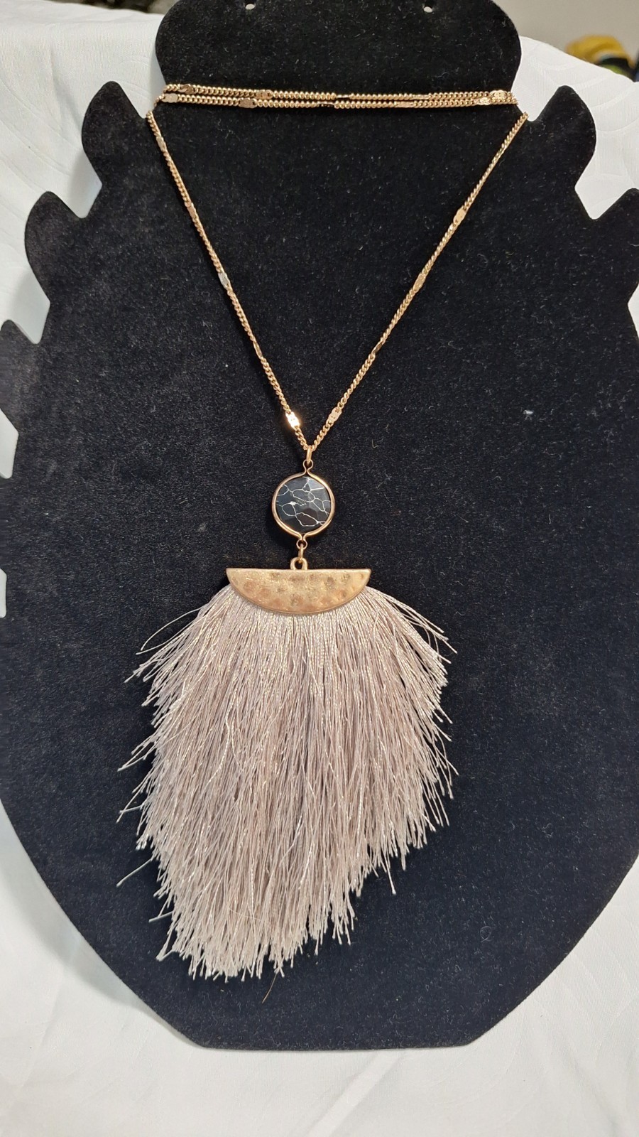 Gold Tone Cable Chain Necklace Round Black Pendant Gray Tassel Fringe Adjustable